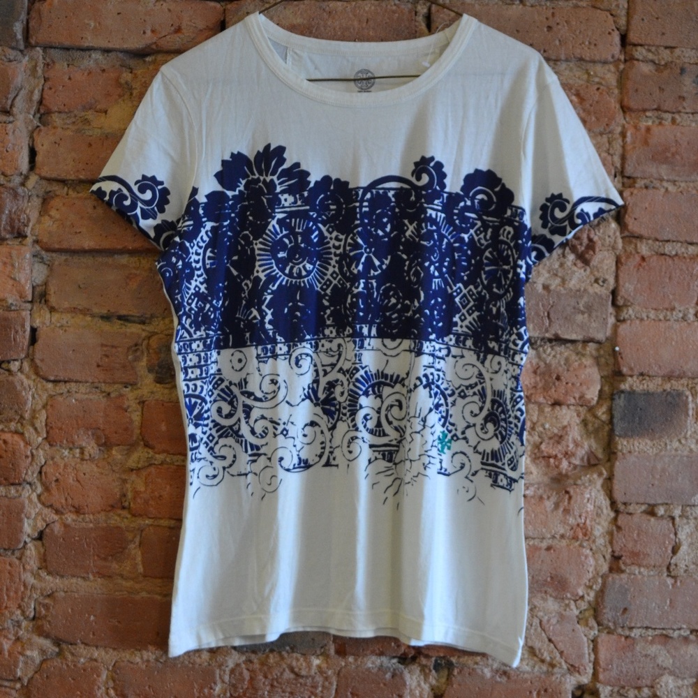 Tory Burch Blue and White Short Sleeve Tee